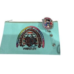 Nurse Life Zipper Pouch & Retractable Badge Reel Set Teal Coffee Theme gift
